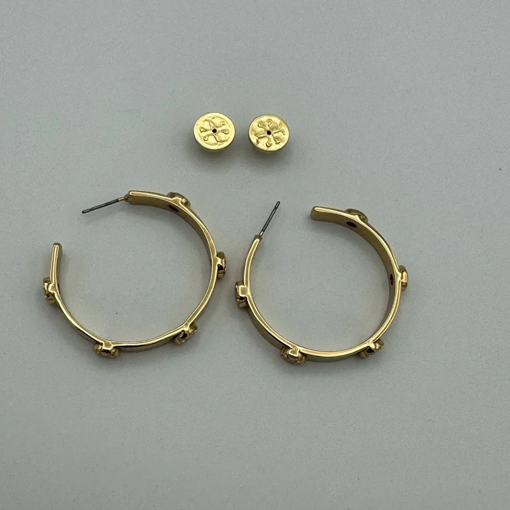 Tory Burch Polished Gold Logo-Stud Hoop Earrings